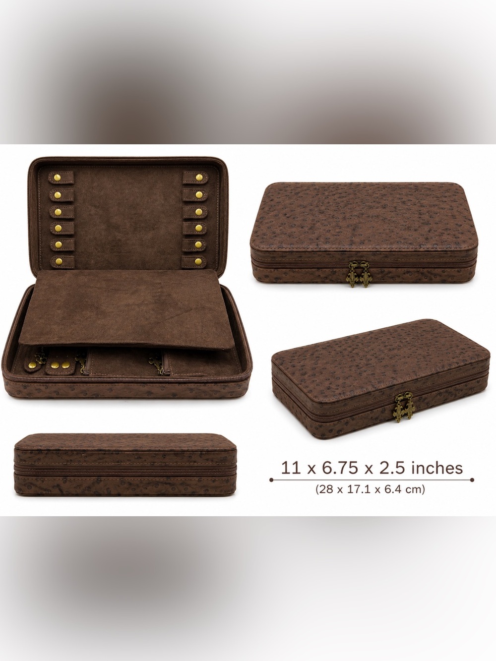 Vintage Brown Ostrich Style Jewelry Travel Case Organizer Zip Box